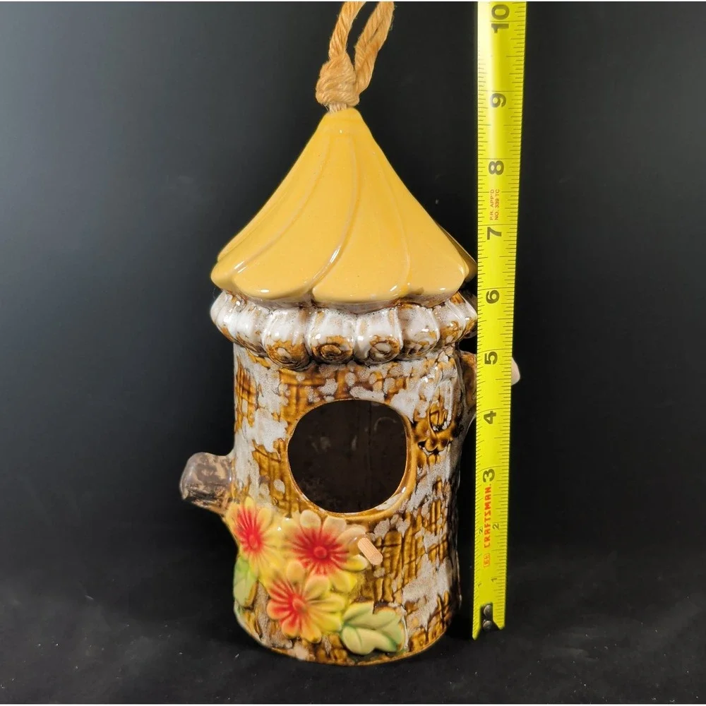 Cute Decorative Hanging Ceramic Birdhouse Floral Daisies Tree Trunk Drip Glaze